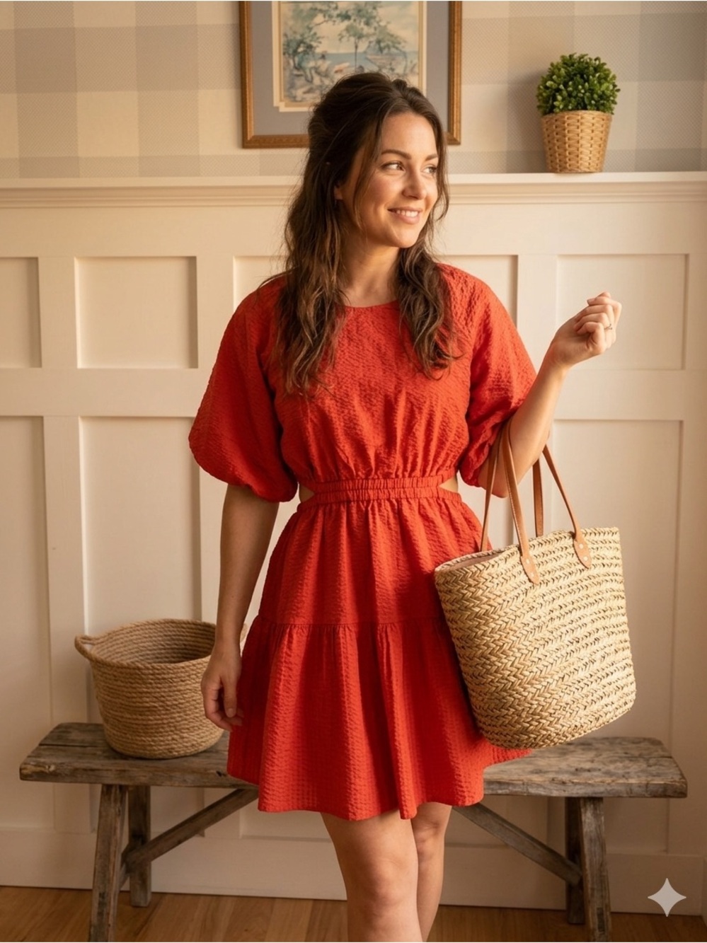 Madewell Bright Coral Puff-Sleeve Mini Dress Small P
